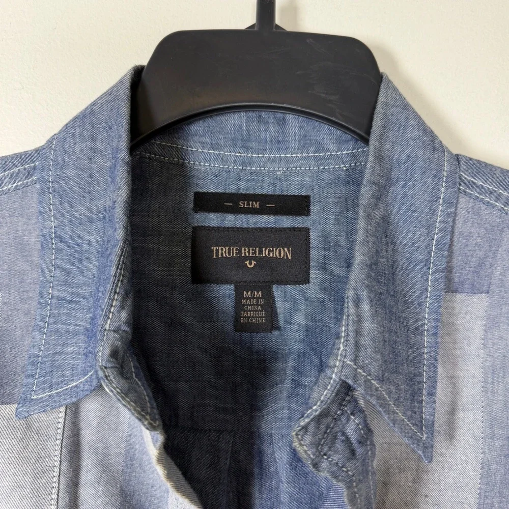 True Religion Slim Fit Patchwork Chambray Button Down Shirt Blue Mens M Denim